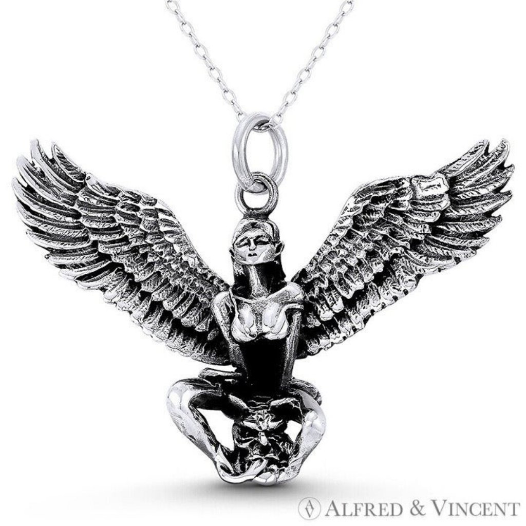 Winged Swimsuit Archangel W/ Demon's Head Charm In Oxidized .925 Sterling Silver
